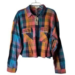 Easel Los Angeles Boho Cropped Plaid Button Up - Large - NWT